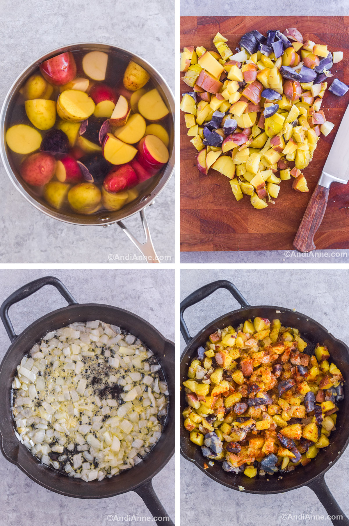 Four images showing steps to make the recipe. First is a pot with chopped potatoes in water. Second is chopped potatoes on a cutting board with a knife. Third is a skillet with chopped onion in butter. Fourth is hash browns in a skillet sprinkled with paprika.