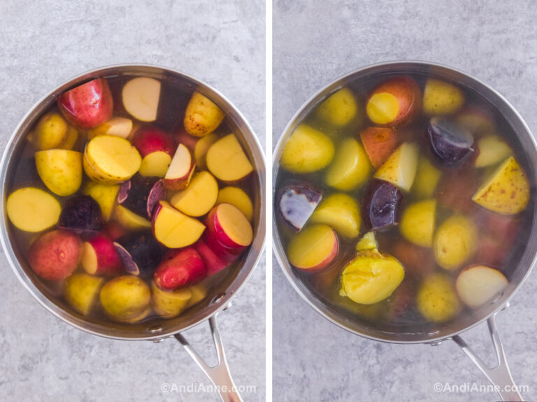 Two images of a stainless steel pot. First with halved potatoes inside. Second with halved potatoes covered in water.