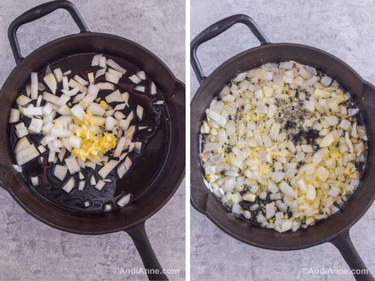 Two images of a black skillet and inside is chopped onion and garlic. First is uncooked, second is cooked.