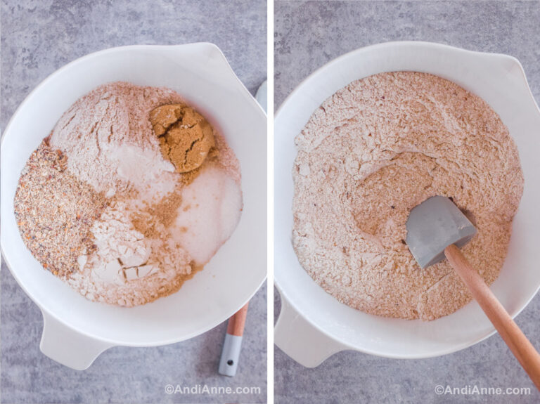 Two images grouped together. First is bowl with various dry ingredients dumped in. Second is bowl with dry ingredients mixed together and a spatula.
