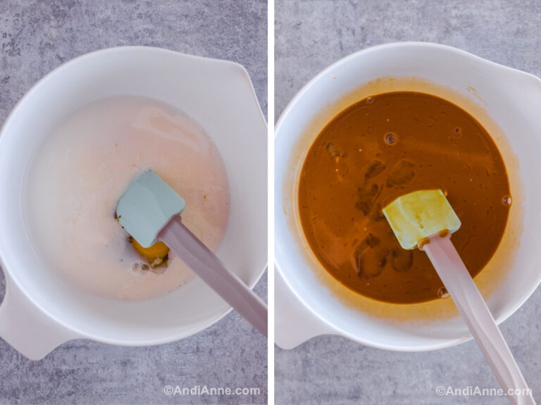 Two images grouped together. First is wet ingredients dumped in unmixed. Second is bowl with dark brown liquid and a spatula inside.