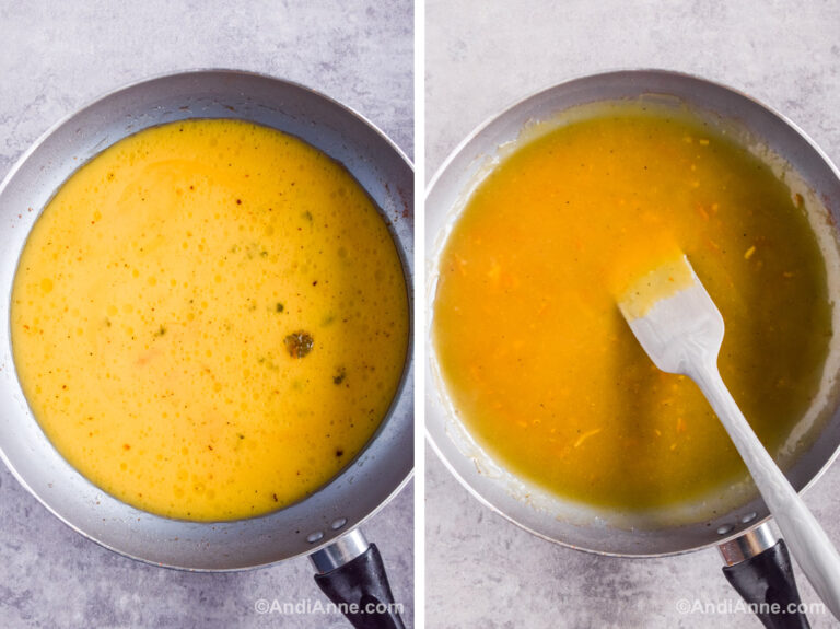 Two images of a frying pan with orange sauce.