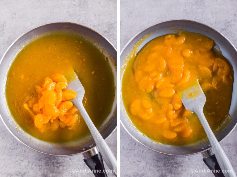 Two images of a frying pan. First is mandarin oranges dumped into a sauce. Second is mandarin oranges mixed into a sauce.