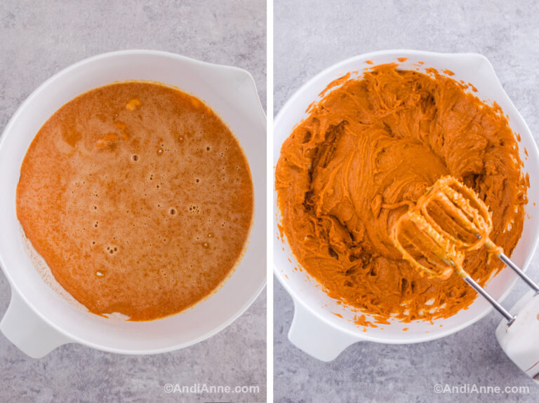 Two image of a white bowl. First with wet ingredients and dry ingredients dumped together. Second with an orange batter and electric mixer beside it.