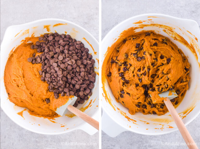 Two images of a white bowl. First with orange batter and chocolate chips dumped on top. Second with orange chocolate chip batter and a spatula.