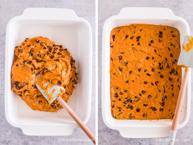 Two images of a white baking dish. First with orange chocolate chip batter dumped into baking dish and a spatula. Second with chocolate chip pumpkin batter spread evenly and a spatula.