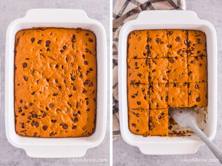 Two images of a rectangular baking dish. First with baked chocolate chips pumpkin batter inside. Second is sliced into bars with two removed and a spatula in place.