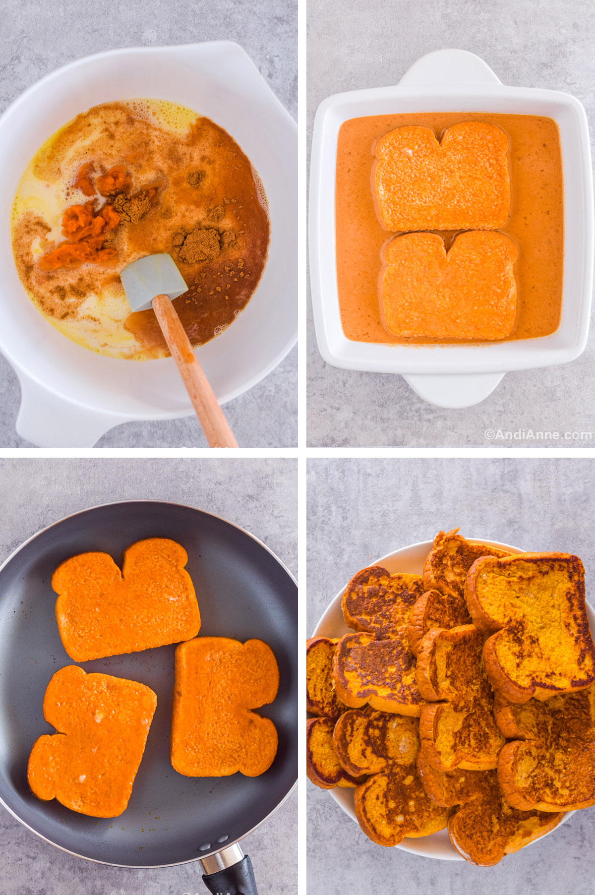 Four images showing steps to make recipe including a white bowl with batter ingredients dumped in with spatula. A square baking dish with orange batter and two slices of bread soaking. A frying pan with three slices of dipped uncooked french toast. And a white plate with a stack of cooked french toast slices.