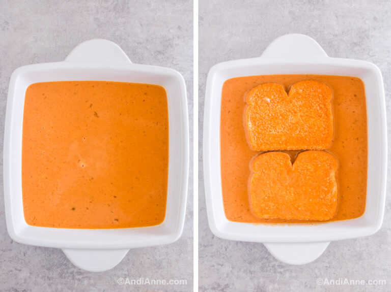 Two images of a white square casserole dish. First with orange batter inside. Second with two pieces of toast soaking in the orange batter.