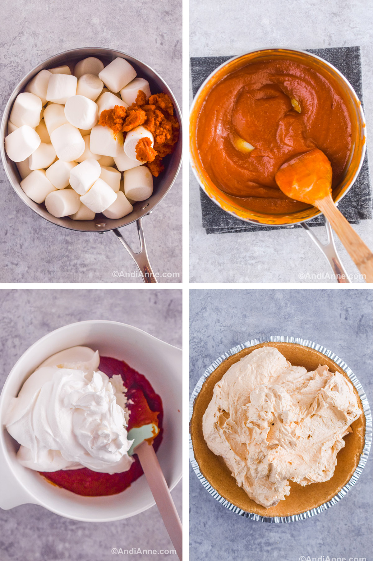 Four images showing steps to make recipe including a pot with marshmallows and pumpkin puree. A pot with melted pumpkin puree and marshmallow mixture and a spoon. A bowl with whipped topping and orange mixture underneath. And a graham cracker crust with whipped orange colored topping dumped on top.