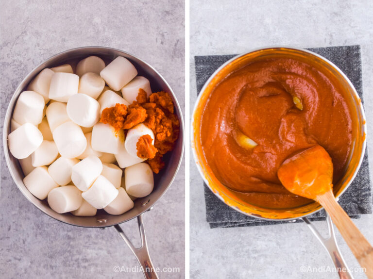 Two images of a pot. First with large marshmallows and pumpkin puree. Second with melted orange mixture.