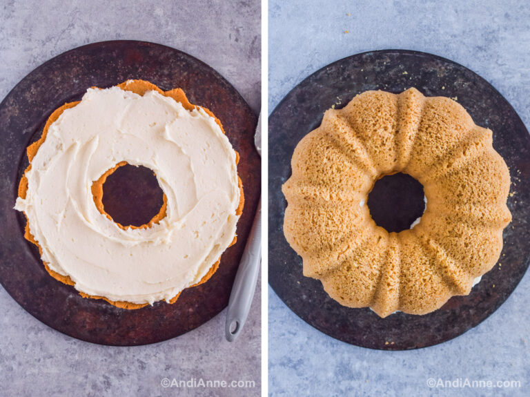 Two images of a bundt cake. First is frosting on top. Second is the other cake sandwiched on top of frosted cake.