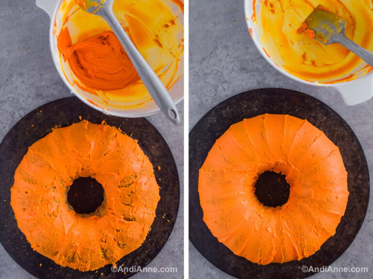 Two images of an orange bundt cake. First with one layer of frosting. Second with two layers looking less patchy. A an empty frosting bowl is beside the cake.