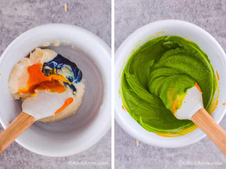 Two images. First is bowl of frosting with yellow and blue food coloring gel. Second is green icing.