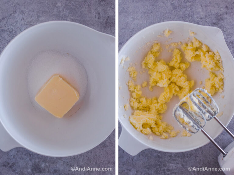 Two images of a bowl. First is butter and sugar. Second is butter and sugar beaten together with a hand mixer.