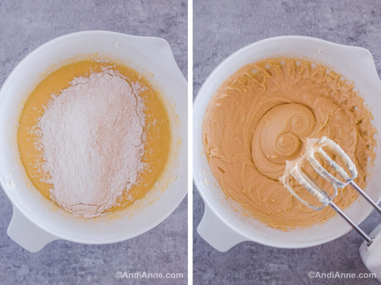 Two images of a bowl. First is dry ingredients dumped in the middle of the wet ingredients. Second is wet cake batter wit ha hand mixer.