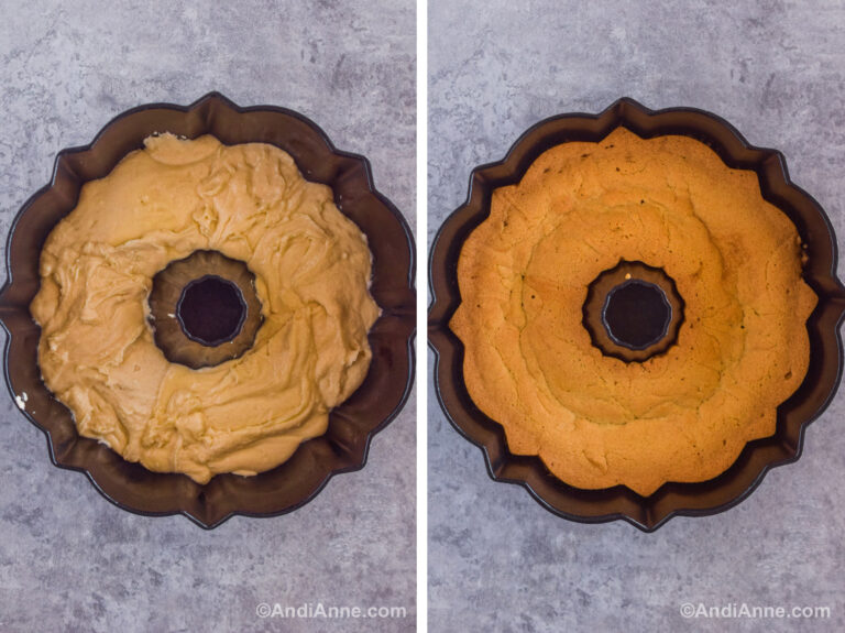 Two images of a bundt cake pan. First is cake batter inside. Second is baked cake.