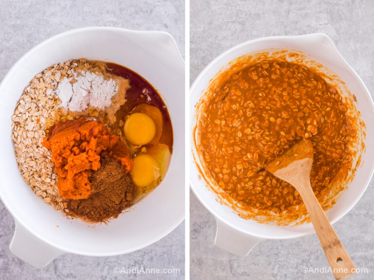 Two images grouped together. First is white bowl with oats, pumpkin puree, eggs, milk and baking powder dumped in. Second is wet pumpkin oat batter with a wood spoon.