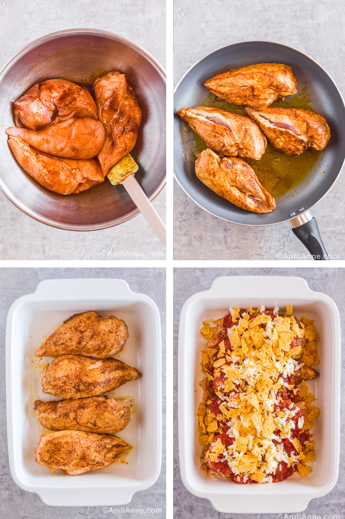 Four images showing steps to make the recipe including a steel bowl with raw chicken breasts coated in spices, a frying pan with seared chicken breasts, a white baking dish with four seared chicken breasts, and a baking dish with chicken breasts covered in salsa, mozzarella cheese and crushed tortilla chips.