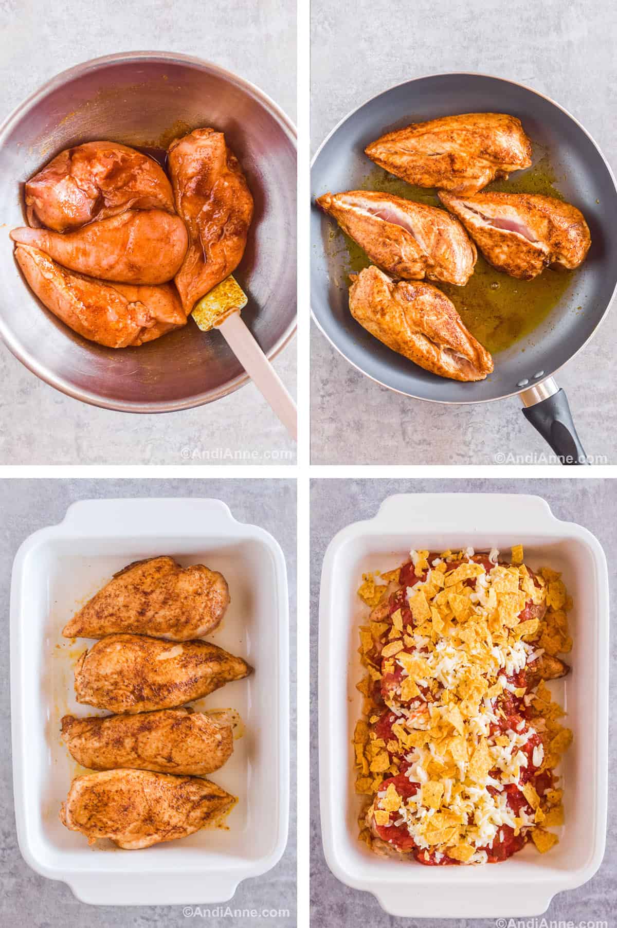 Four images showing steps to make the recipe including a steel bowl with raw chicken breasts coated in spices, a frying pan with seared chicken breasts, a white baking dish with four seared chicken breasts, and a baking dish with chicken breasts covered in salsa, mozzarella cheese and crushed tortilla chips.