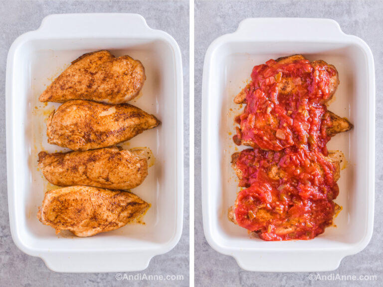 Two images of a white dish. First is raw chicken breasts covered in spices. Second is chicken with salsa poured on top.