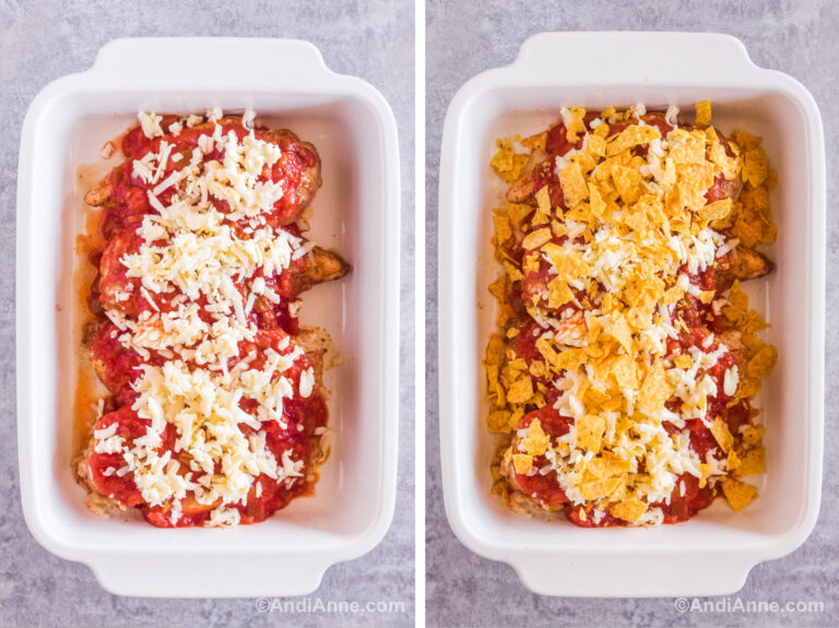 Two images of a white baking dish. First is chicken with salsa and mozzarella on top in white baking dish. Second is chicken with salsa, cheese and crushed tortilla chips added on top.