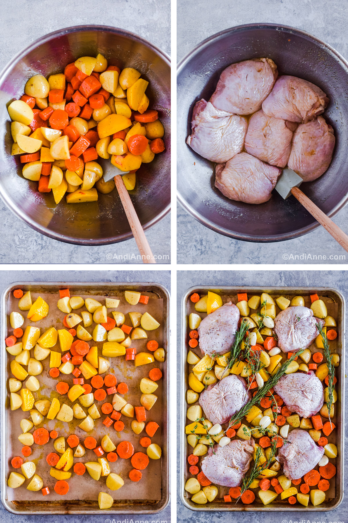 Four images grouped together including a bowl with chopped potatoes carrots and beets. Another image of a bowl with raw chicken thighs tossed in oil, salt and pepper. The chopped vegetables on a sheet pan in a single layer. And the last image has vegetables, raw chicken and fresh herbs on the baking sheet.