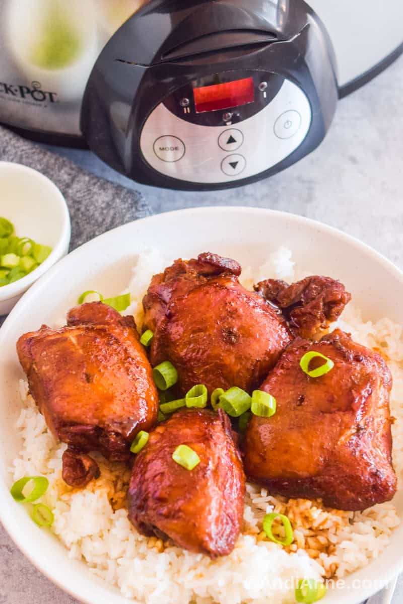 Cooked soy sauce chicken thighs on top of white rice with chopped green onions. A Crockpot in the background.