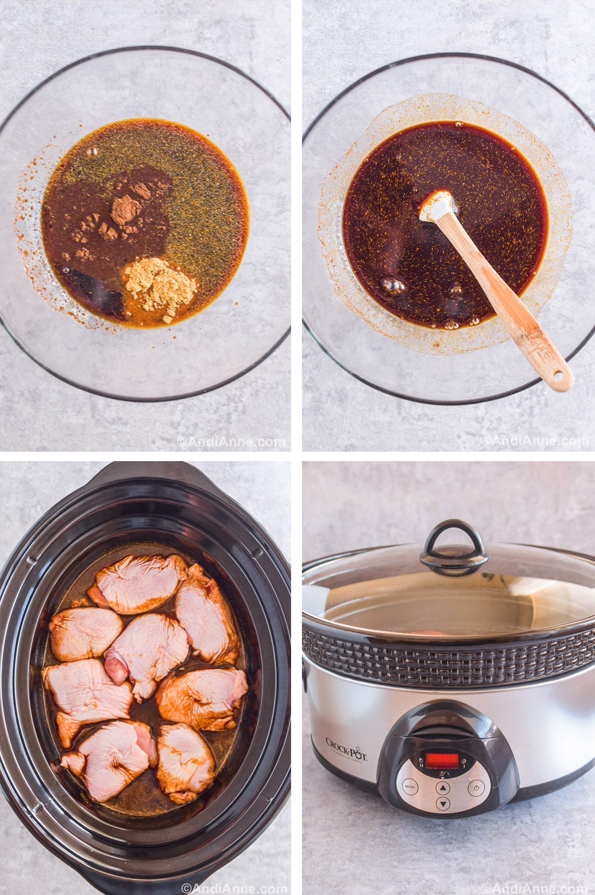 Four images showing steps to make recipe including glass bowl with dark liquids and various spices dumped in. A glass bowls with dark brown sauce and a spatula, Looking down at a crockpot with raw chicken in sauce, and a crockpot sitting on the counter.