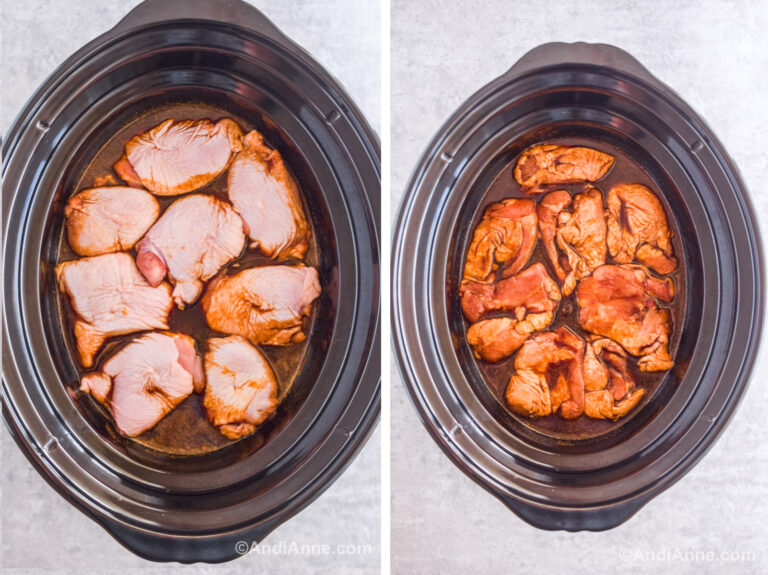 Two images of a slow cooker. First with brown sauce and 8 chicken raw chicken thighs on top. Second with chicken thighs coated in sauce facing skin side down.
