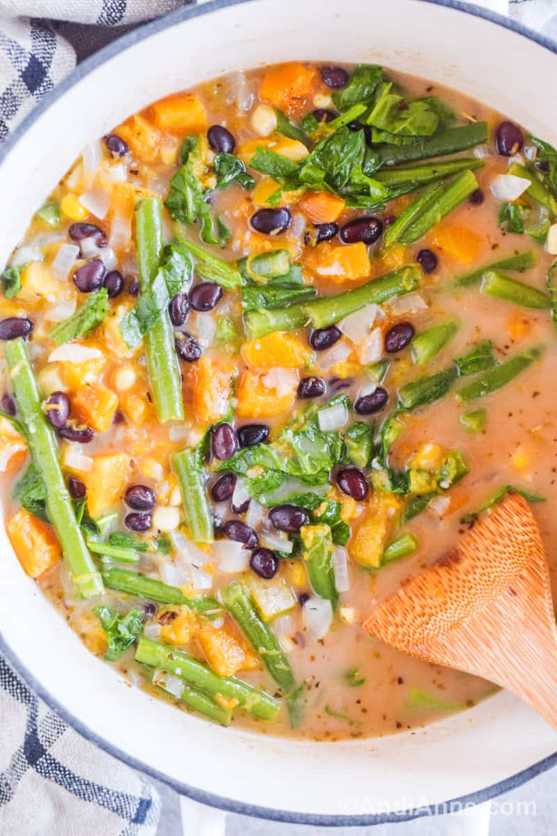 Close up of butternut squash and bean soup with a wood spoon.