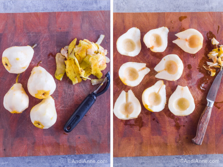 Two images of a cutting board with pears. First is peeled pears. Second is pears sliced in half and cored.