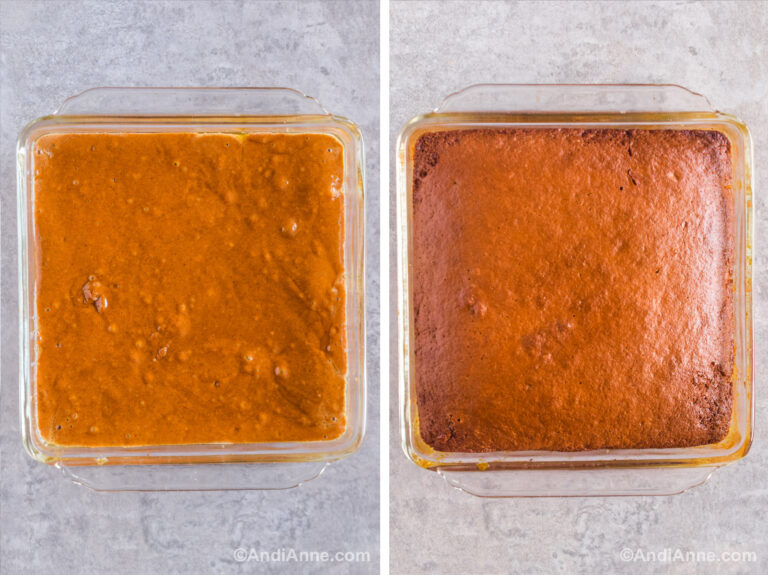 Two images of a square baking dish. First is cake batter poured inside. Second is baked cake inside.