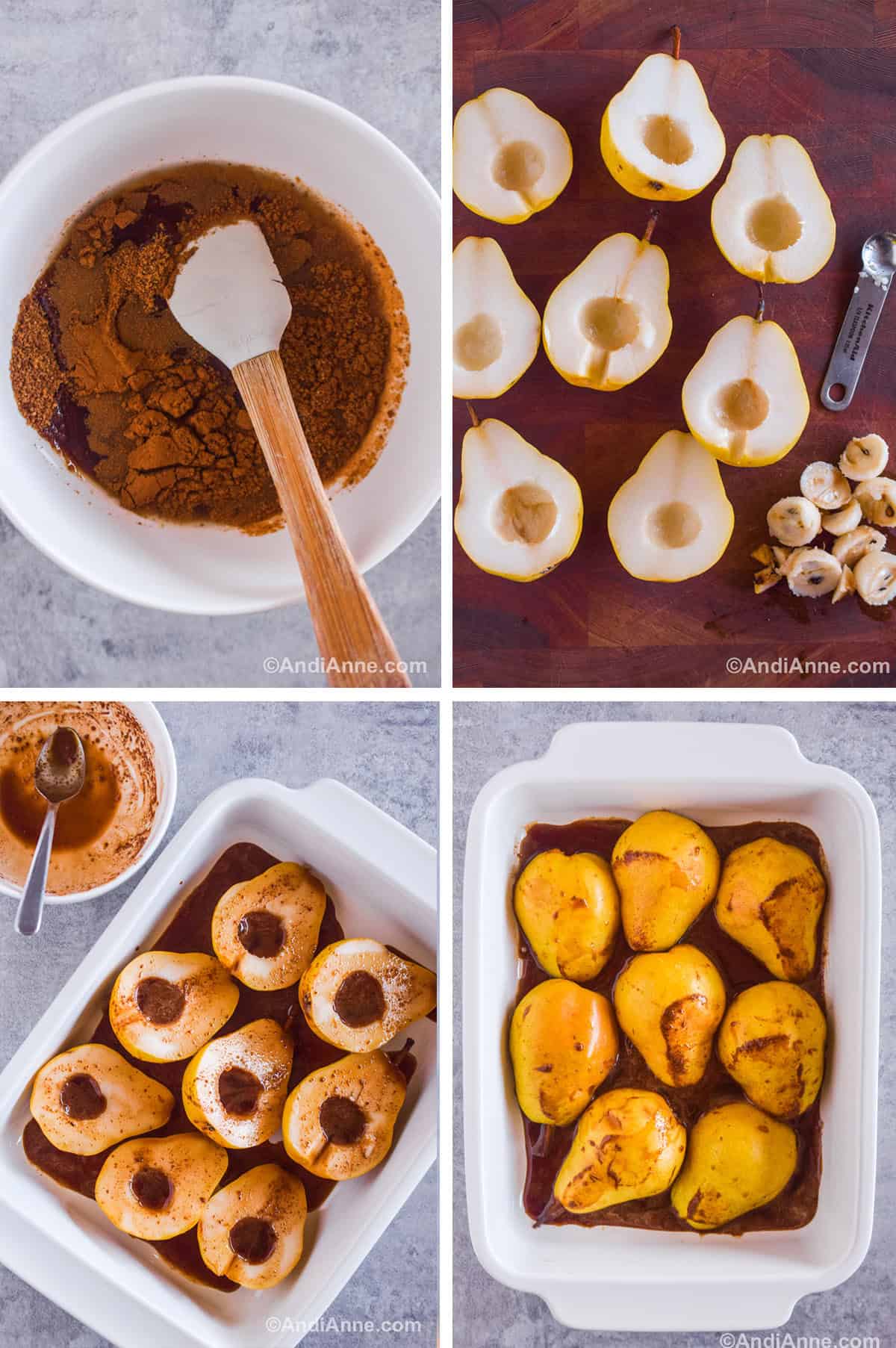Four images showing steps to make the recipe including a white bowl with cinnamon and maple syrup with a spatula. Sliced pears with cores removed and a measuring spoon, Sliced pears in a white dish with a bowl of leftover sauce and a spoon, a white dish with pears facing down in brown sauce.