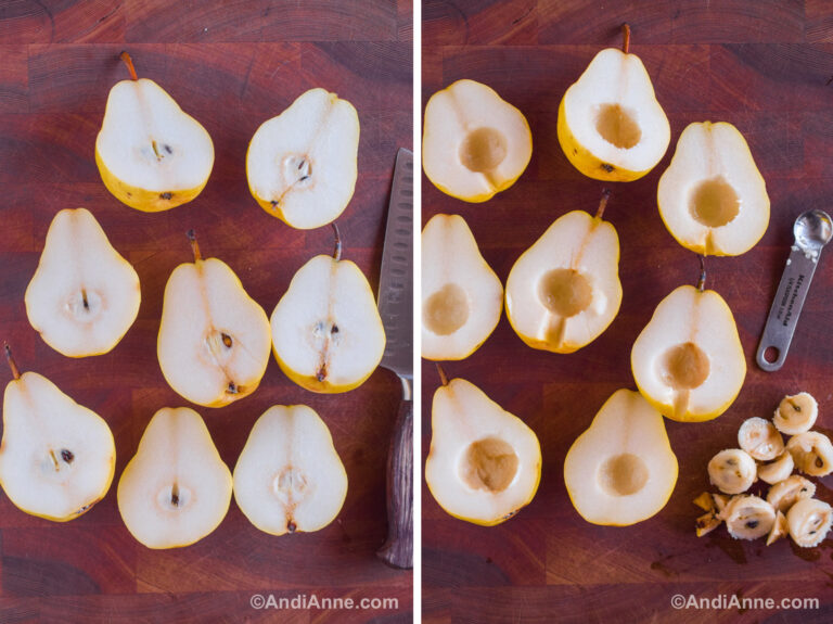 Pears sliced in half on a cutting board, and pears with inner seeds scooped out.