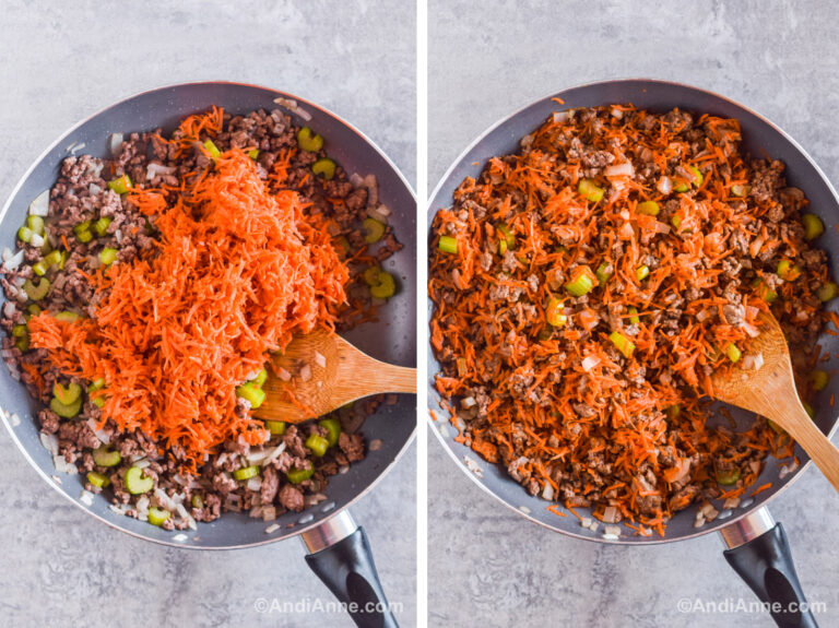 Two images of a frying pan. First with ground beef mixture and shredded carrots on top. Second with shredded carrots mixed into ground beef mixture.