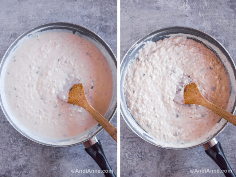 Two images of a frying pan. First is creamy liquid with a wood spoon. Second is liquid condensed into a creamy sauce with a wood spoon.