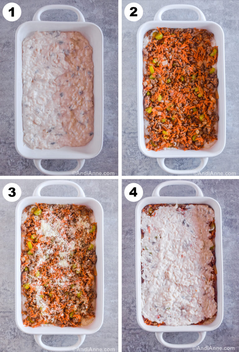 Four images of a white casserole dish. First has creamy rice mixture inside. Second with ground beef mixture spread on top. Third with parmesan sprinkled over top. Four with more creamy rice sauce poured on top.