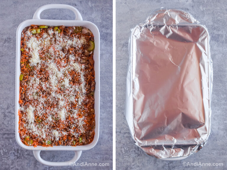 Two images of a white casserole dish. First with beef casserole recipe with parmesan on top. Second with aluminum foil on top.