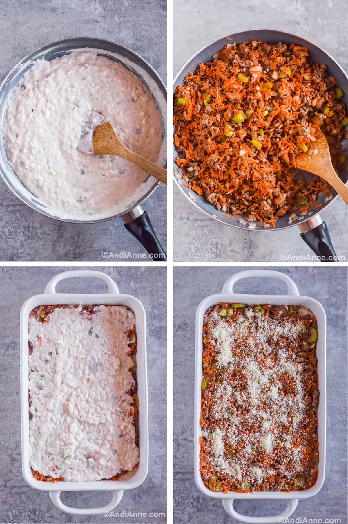 Four images showing steps to make recipe. First is white creamy sauce in frying pan. Second is ground beef and shredded carrots in frying pan with wood spoon. Fourth is White casserole dish with creamy sauce poured in. Fourth is ground beef carrot mixture with grated parmesan on top in casserole dish.