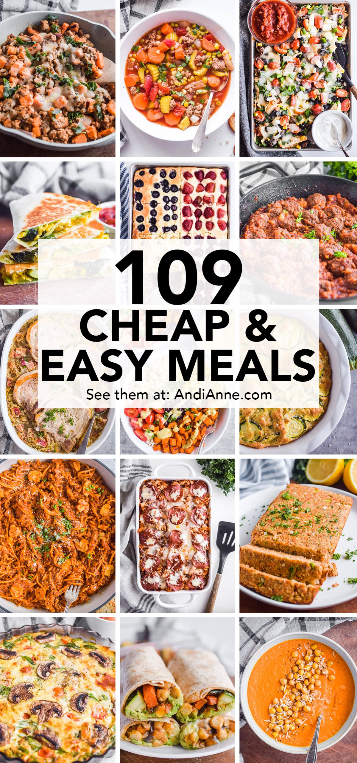 Collaged pictures of recipes together with text overlayed that says 109 cheap and easy meals, see them at andianne.com