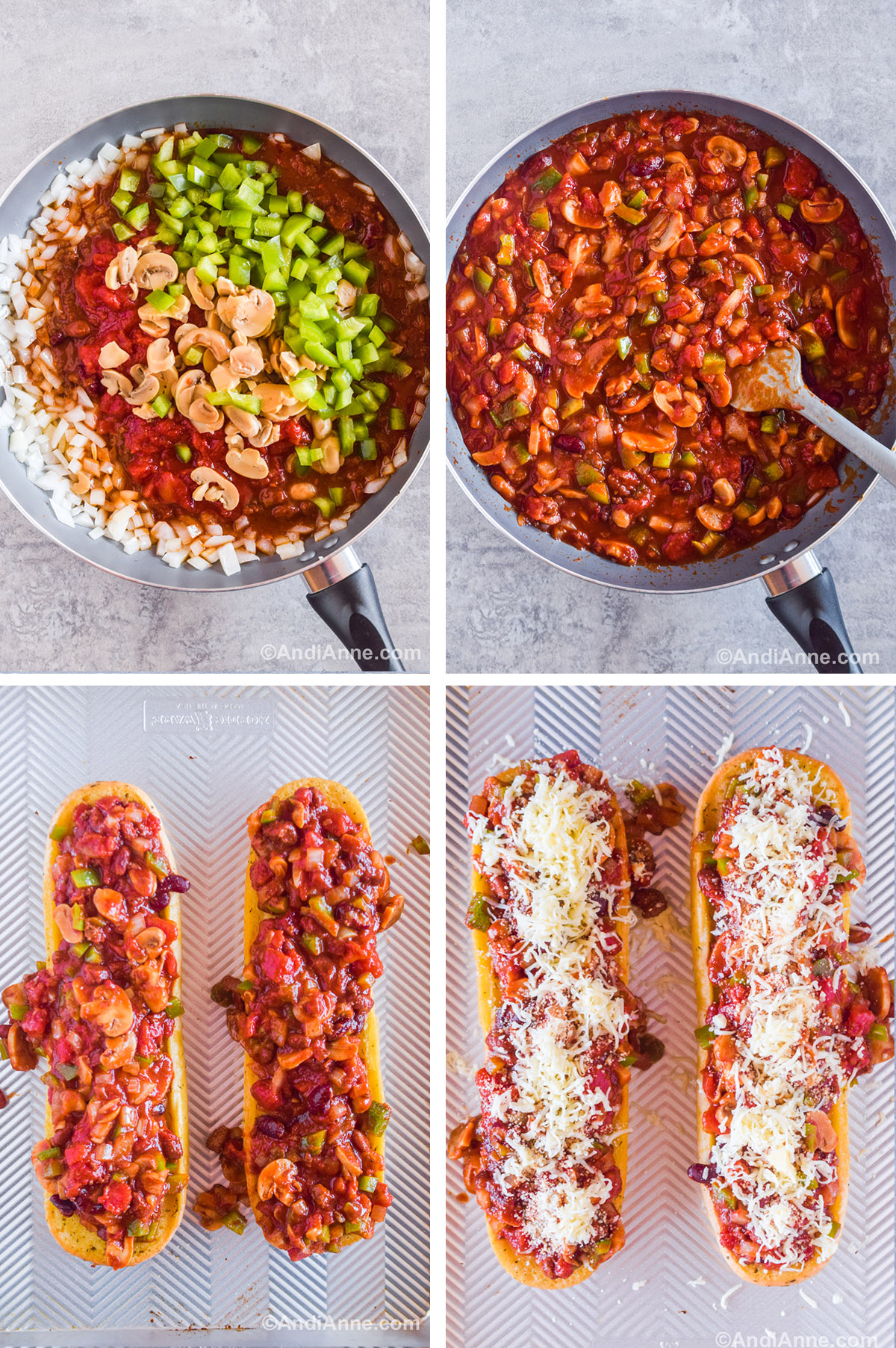 Four images showing steps to make the recipe. First is sliced mushrooms, chopped bell pepper, diced tomatoes and chopped onion in a frying pan. Second is chili mixed together. Third is sliced garlic bread topped with chili. Fourth is garlic bread topped with chili and shredded mozzarella.