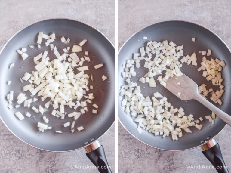 Two images of a frying pan, one with raw chopped onion. Second with cooked onion and a spatula.
