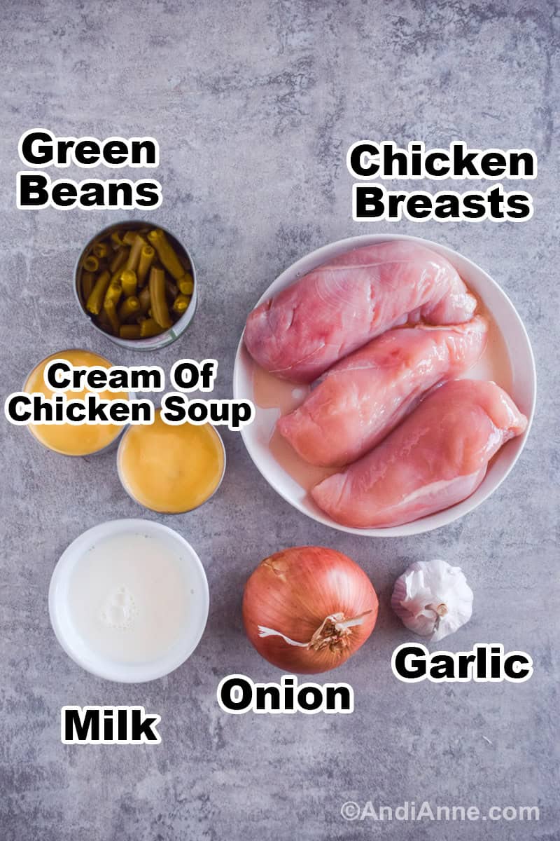 Recipe ingredients on the counter including a plate of chicken breasts, canned green beans, two cans cream of chicken soup, bowl of milk, yellow onion and garlic bulb.