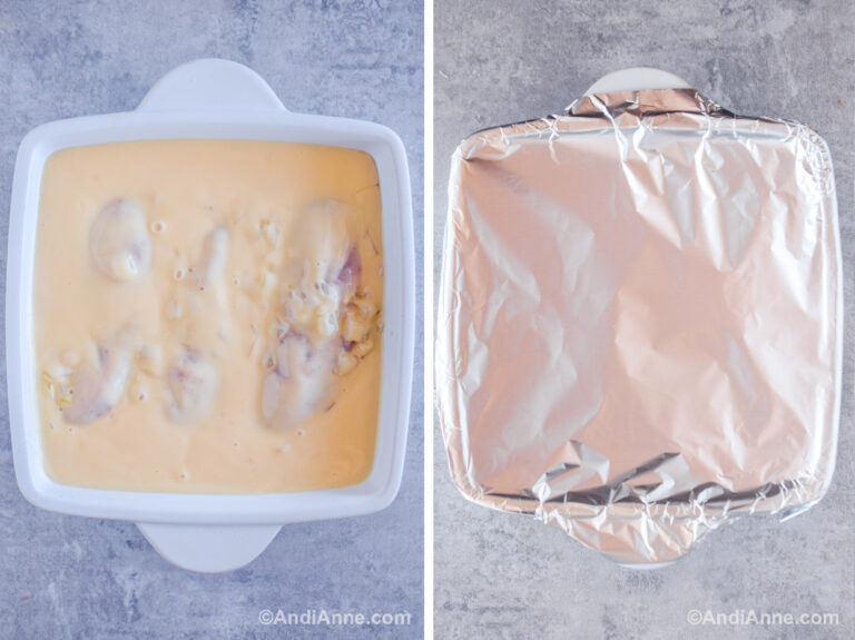 Two images of a baking dish. First with raw chicken breasts and yellow liquid poured on top. Second with aluminum foil over top of dish.