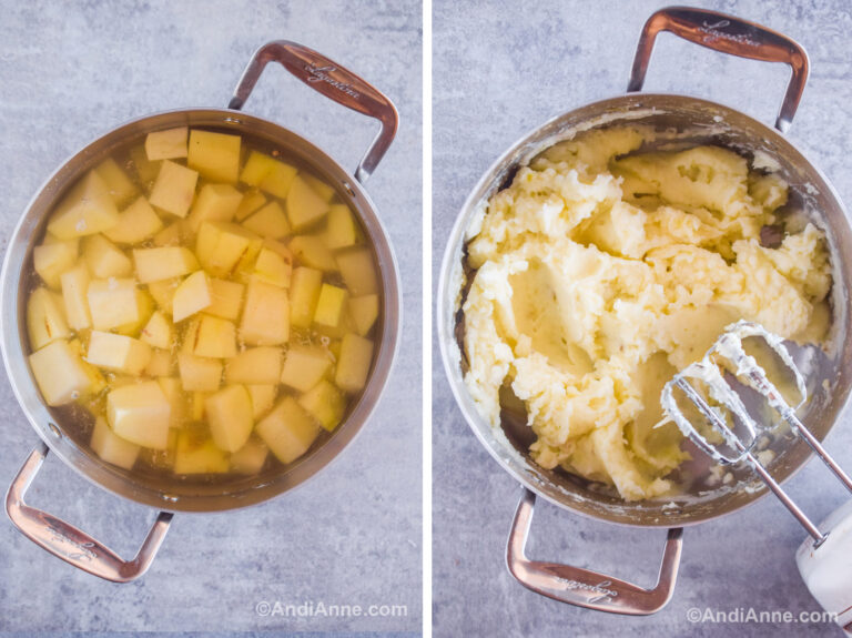 Two images of a steel pot. First with chopped potatoes and water. Second with mashed potatoes and an electric mixer.