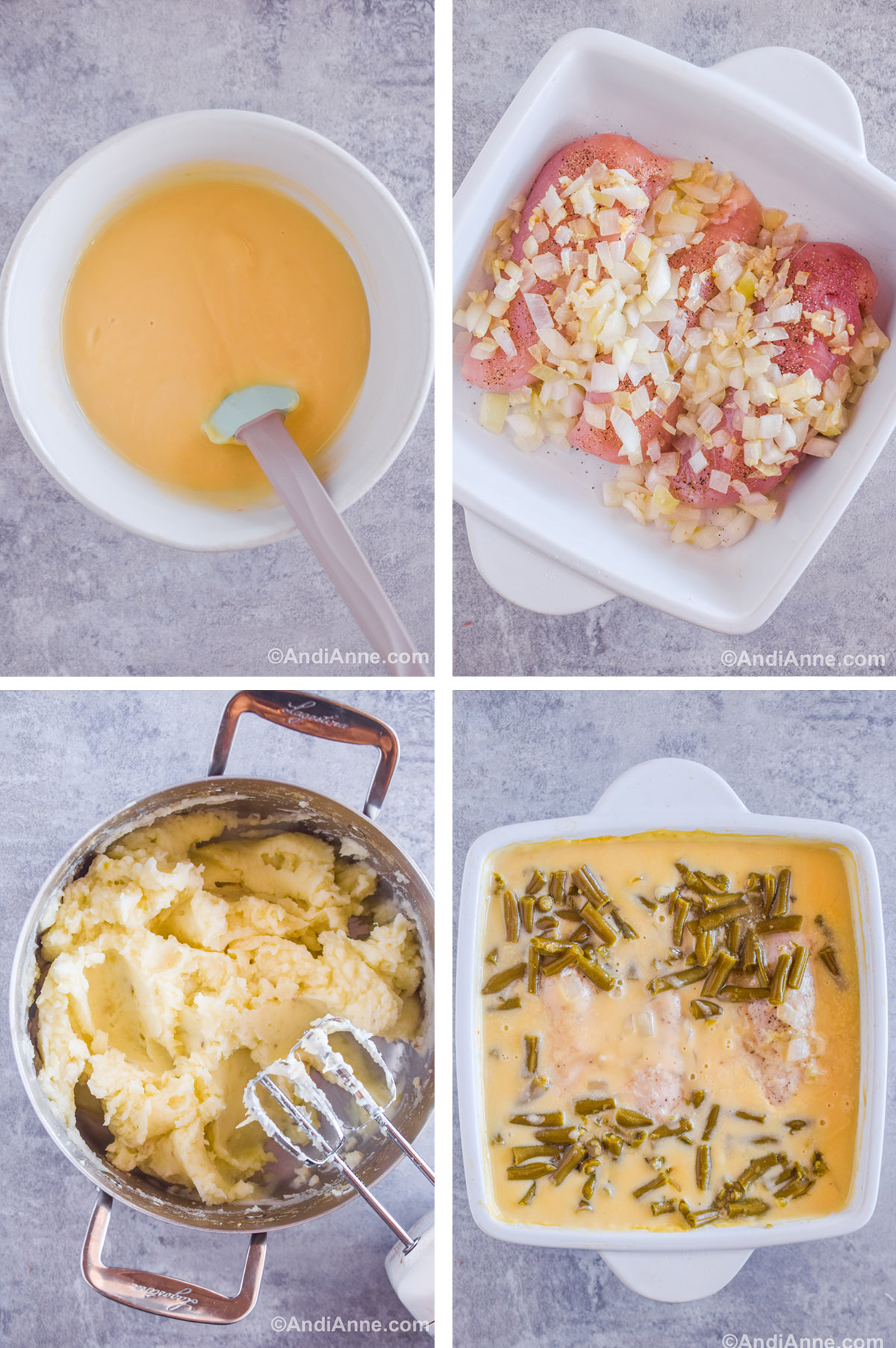 Four images showing steps to make the recipe. First is white bowl with yellow liquid and a spatula. Second is raw chicken breasts with chopped onion on top in a baking dish. Third is mashed potatoes in a pot with an electric mixer. Fourth is cream of chicken soup with chicken breasts and green beans dumped on top.