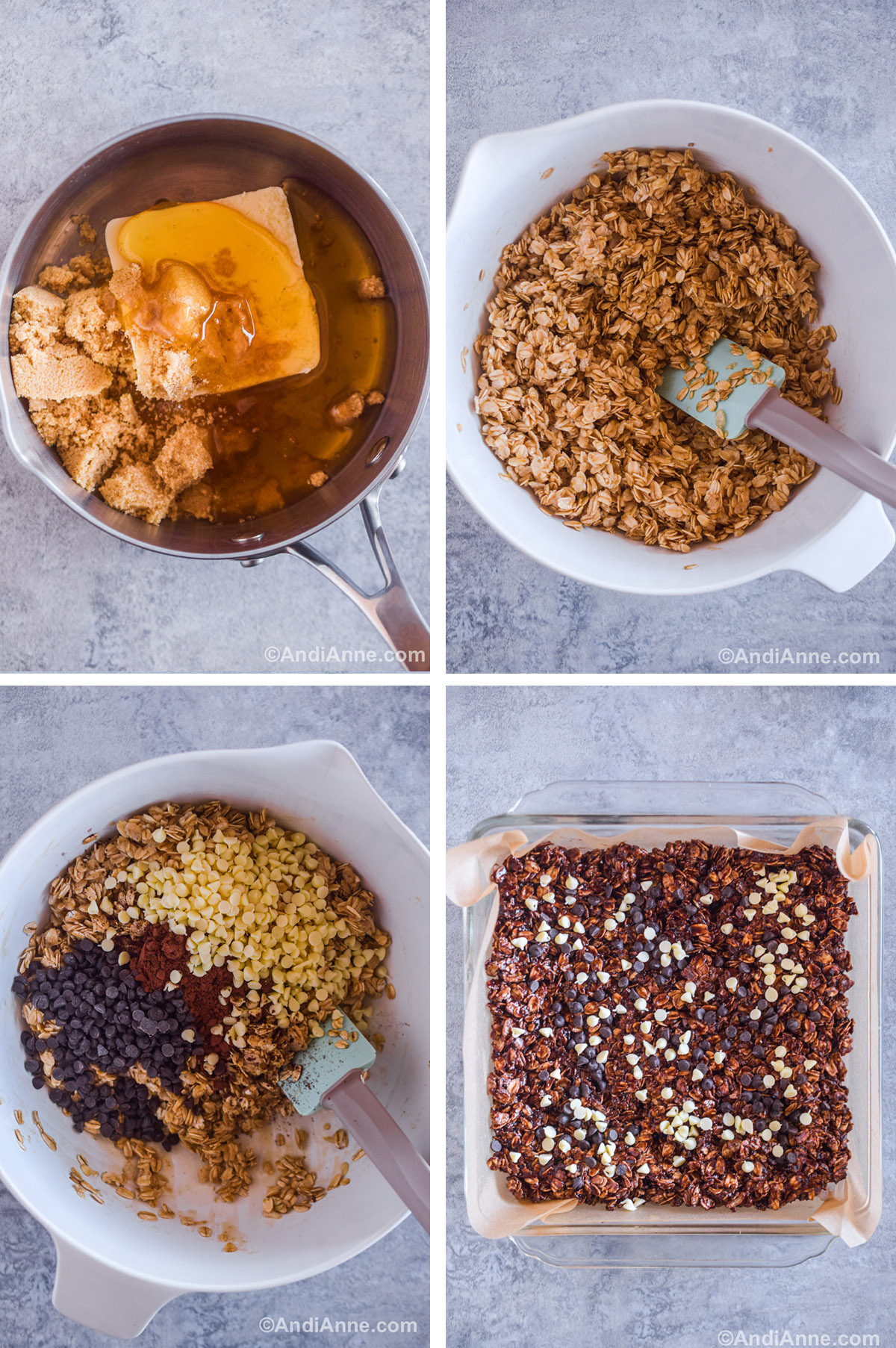 Four images showing different steps to make the recipe. First is a pot with a chunk of butter, brown sugar and honey dumped in. Second is rolled oats with ingredients mixed in a white bowl and spatula. Third is white and chocolate chips and cocoa powder dumped on top of the oats in a bowl. Fourth is a square glass dish with chocolate granola bar ingredients pressed in.