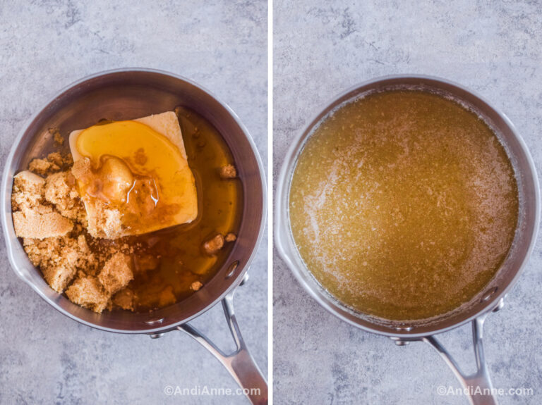 Two images of a pot. First with butter, sugar, and maple syrup. Second with ingredients melted together.