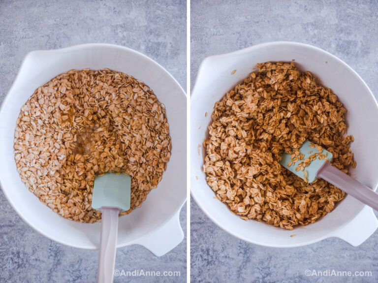A large white bowl with rolled oats and rice krispies. Syrup ingredients dumped on top. Second image is white bowl with ingredients mixed together and a spatula.